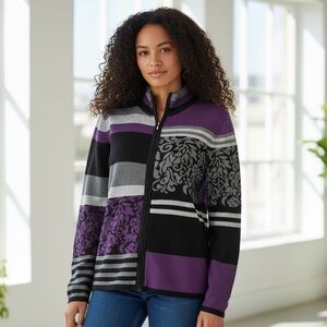 Christopher & Banks Zip-Front Patterned Sweater 100% Cotton